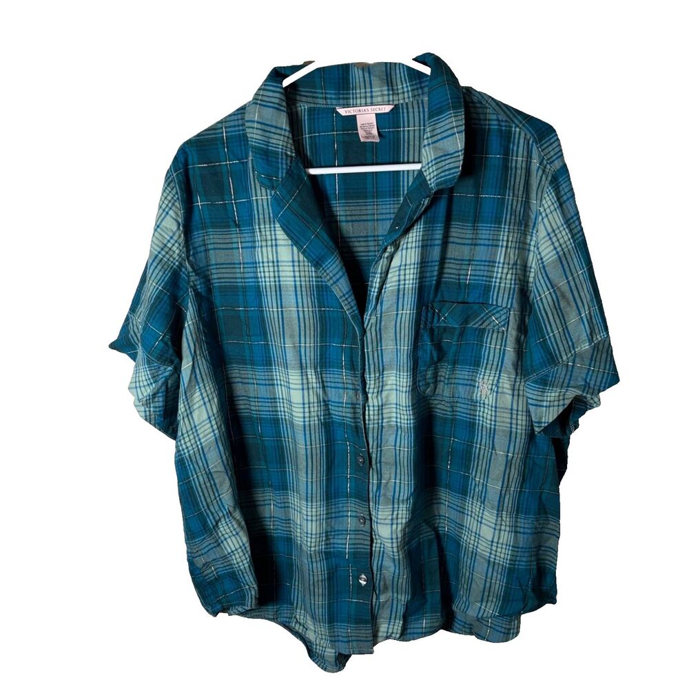Victoria's Secret Pajama Top Women's XL Plaid Button Up Short Sleeve Collared